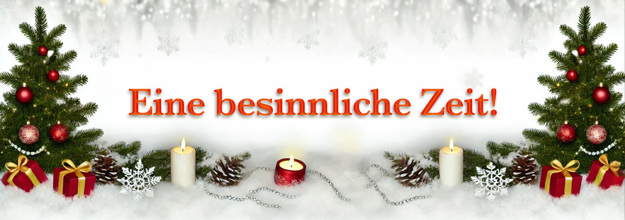 Zwei kleine Weihnachtsbäume links und rechts mit einem Schriftzug: Eine besinnliche Zeit!
